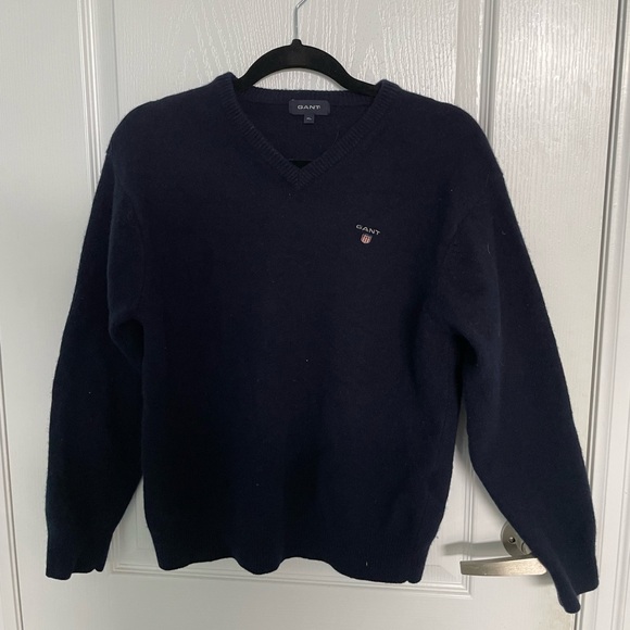 GANT Wool V-Neck Navy Blue Sweater - Picture 1 of 3